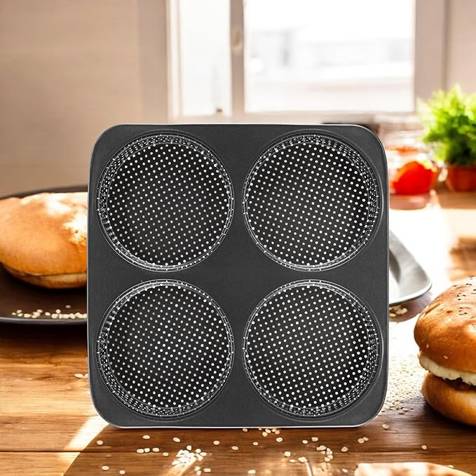 BuleVina 5 Inch Hamburger Bun Pan, Non-Stick Carbon Steel Bread Mold, 4 Cavity Cup Big Baking Pan for Homemade Hamburger Buns, Nonstick & Heat Resistant Burger Bun Mold
