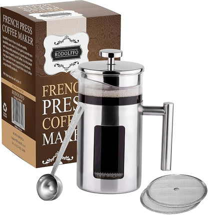 34 Ounce French Press Coffee Maker with Stainless Steel 18/8 frame, 1 Litre Heat Resistant Borosilicate Glass Carafe includes 2 extra French Press Filters and 1 Coffee Spoon