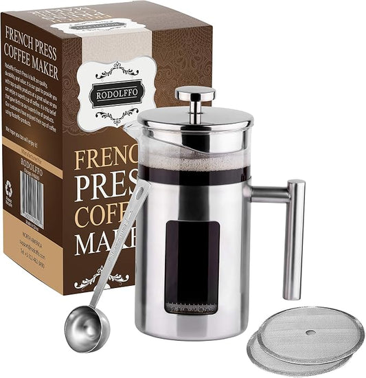 34 Ounce French Press Coffee Maker with Stainless Steel 18/8 frame, 1 Litre Heat Resistant Borosilicate Glass Carafe includes 2 extra French Press Filters and 1 Coffee Spoon
