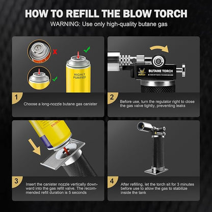 RAVS Butane Torch Lighter, Premium Metal Kitchen Torch with Adjustable Flame & Safety Buckle, Refillable Creme Brulee Torch for Baking, BBQ, DIY, Resin Art, Black, Butane Gas Not Included