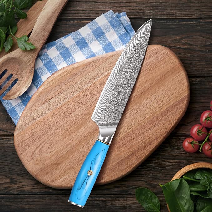 Home Safety Professional Damascus Steel Japanese Chef Knife 8 Inch Kitchen Knife VG-10 Damascus Chef's Knives – Razor Sharp Meat Cleaver with Ergonomic Natural Resin Handle Cooking Knife and Gift Box