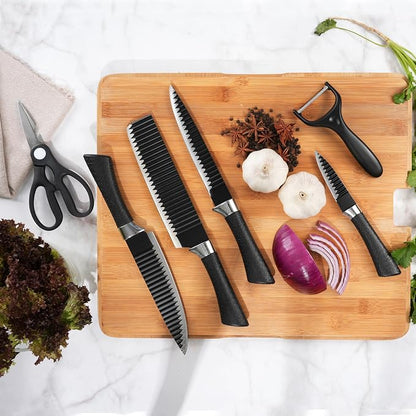 TJ POP 6-Piece Kitchen Knife Set, Non-Stick Coated Wavy-Grained Stainless Steel Blades, Non-Slip Ergonomic Handle, Lightweight Rustproof Sharp Chef's Knives for Home Cooking Restaurant Camping, Black