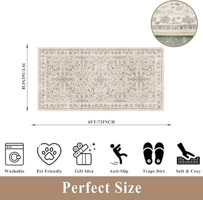 3x6 Kitchen Runner Rug Non Slip Washable - Soft Low Pile Stain-Resistant Wide Carpet Runner for Hallway Entryway Bedroom Bathroom with Rubber Backing - Boho Floral Door Mat(Beige,3x6)