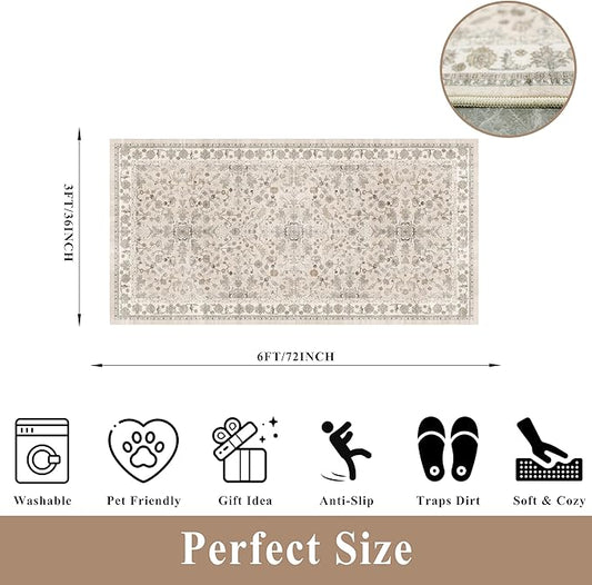 3x6 Kitchen Runner Rug Non Slip Washable - Soft Low Pile Stain-Resistant Wide Carpet Runner for Hallway Entryway Bedroom Bathroom with Rubber Backing - Boho Floral Door Mat(Beige,3x6)