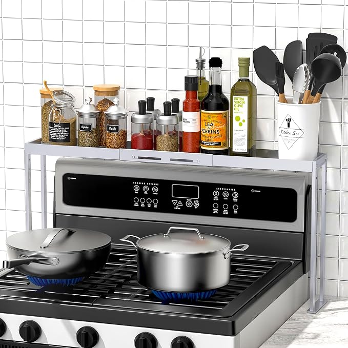 Stove Top Shelf,Adjustable 27 to 33 Inch Over the Stove Shelf for Back of Stove Spice Rack for Countertop,4 Level Height Spice Rack Organizer Seasoning Organizer for Kitchen Stove,Silver