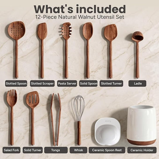 SMIRLY Wooden Spoons for Cooking - 12-Piece Premium Walnut Wood Utensil Set with Ceramic Holder & Spoon Rest, Non-Scratch Cooking Utensils Set for Nonstick Cookware, Luxury Kitchen Gift Set [Walnut]