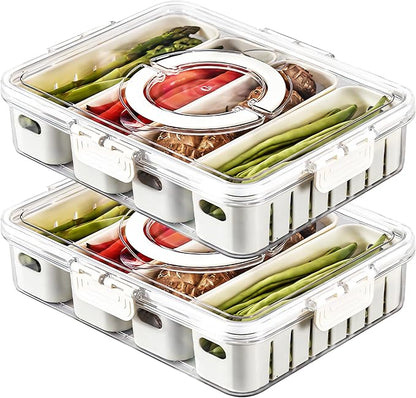 2Pack Divided Snackle Box with Lids Stackable Food Serving Tray for Fruit&Veggie Plastic Fridge Storage Container for Pantry Freezer Clear Snack Box for Meal Prep Candy Nuts Spice