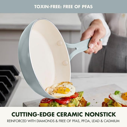 GreenPan Nova 10-Piece Nonstick Cookware Set, PFAS-Free Ceramic Pots & Pans with Silicone Cooking Utensils, Durable Fast Heating, Induction Ready, Oven Safe to 600°F, Dishwasher Safe, Coastline Blue