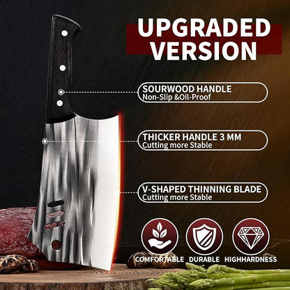 SHI BA ZI ZUO Chopping Knife Forged Cleaver Knife Heavy Duty Kitchen Knife for Meat Cutting with Anti-Slip Wooden Handle