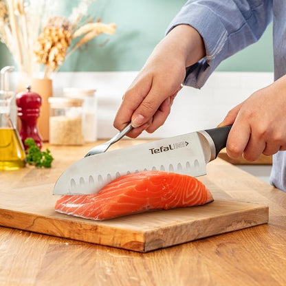 Tefal Wooden Knife Block 5pc Set- Ice Force Knives, German Stainless Steel & Premium Design - Bread 20 cm | Chef 20 cm | Santoku 18 cm | Utility 11 cm | Paring 9 cm - K232S574