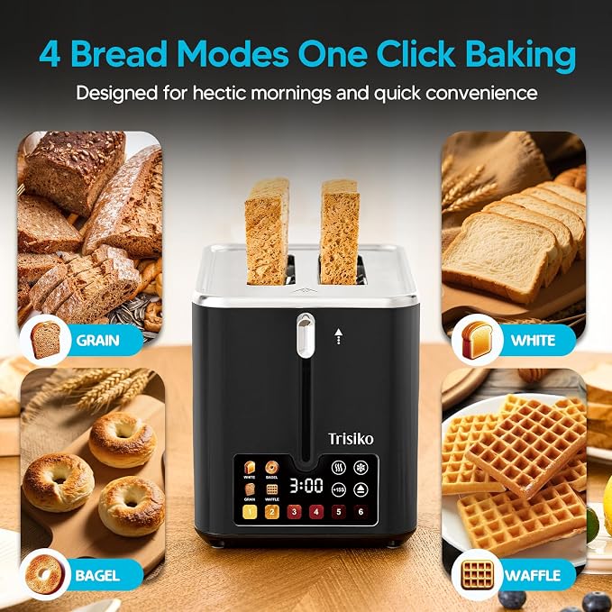 Touch Screen Electric Toaster 2 Slice, Stainless Steel Smart Toaster with Digital Timer, 1.38" Extra-Wide Slots for Bread& Bagel, Great for Home, Office,Dorm (Black)