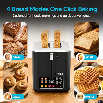 Touch Screen Electric Toaster 2 Slice, Stainless Steel Smart Toaster with Digital Timer, 1.38" Extra-Wide Slots for Bread& Bagel, Great for Home, Office,Dorm (Black)