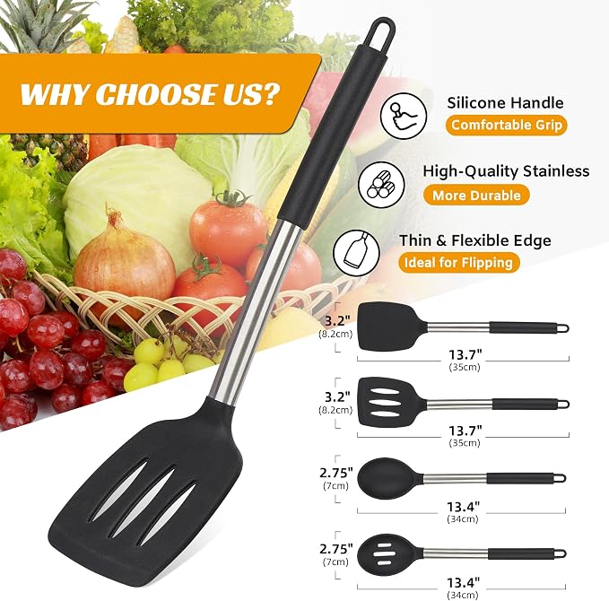 Silicone Cooking Kitchen Utensils Set Kitchen Utensils Set Silicone Cooking Utensils Set for Nonstick Cookware Perfect for Baking and Mixing Spatula Set BPA Free Dishwasher Safe Black 4 Pack