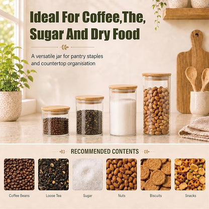 3 Pack 1200 ML / 40 FL Oz Glass Storage Container with Wood Lid, Stackable Clear Decorative Organizer Bottle Canister Pantry Jar with Air Tight Wooden Lid for Food, Coffee, Candy, Sugar, Salt, Tea
