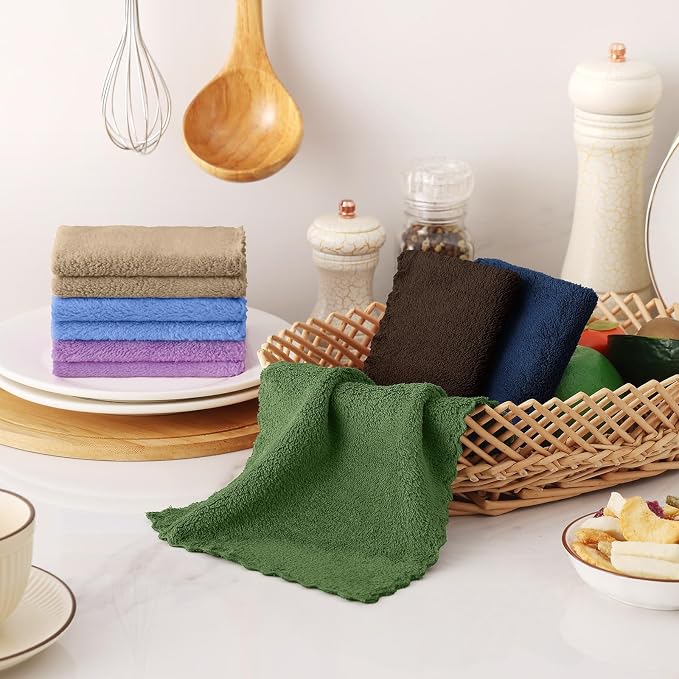 Kitinjoy 24 Pack Kitchen Dish Cloths, Super Soft and Absorbent Dish Cloths, Coral Velvet Microfiber Cleaning Cloth (7" x 9", Tan/Sky Blue/Navy Blue/Brown/Grass Green/Purple)
