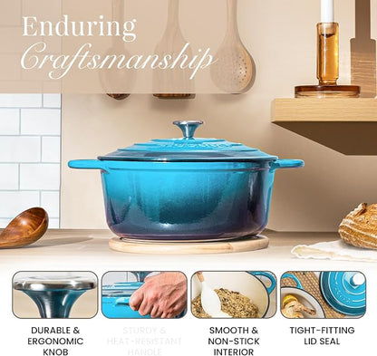 Nuovva Enamelled Cast Iron Dutch Oven Pot with Lid 6.4 Quart Non Stick Casserole Pot-Heavy Duty & Oven Safe up to 500° F for Bread Baking, Braising, Stews, Roasting - 28cm Light Blue