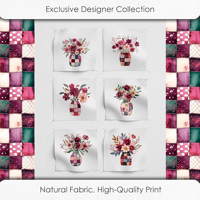 Cotton Satin Fabric Panel with Floral Patchwork Designs – 6 Printed Panels 10×10 in, Continuous Uncut Fabric Sheet 29.5×19.7 in, 100% Cotton for Quilting, Sewing & DIY