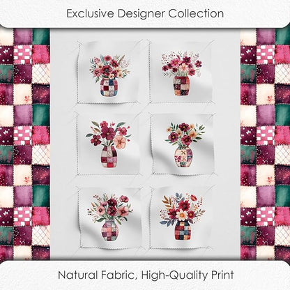 Cotton Satin Fabric Panel with Floral Patchwork Designs – 6 Printed Panels 10×10 in, Continuous Uncut Fabric Sheet 29.5×19.7 in, 100% Cotton for Quilting, Sewing & DIY