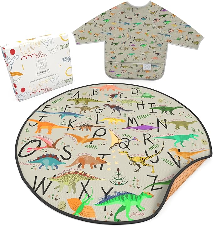 Splat Mat for Baby – Under High Chair Floor Mat Protects Wood, Vinyl and Carpet from Spills – Waterproof 4 Layer Baby Mat Bundle with Waterproof Matching Smock (51” x 51”)