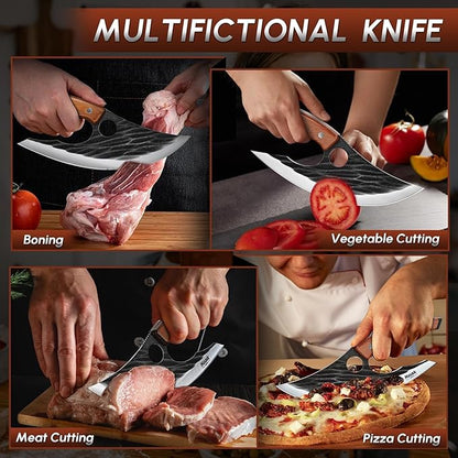 Huusk Japan Ulu Knife with Sheath - Christmas Gift for Men and Women - Hand Forged Caveman Ultimo Knife with Full Tang Wooden Handle - BBQ Knives for Vegetables, Fruit, Pizza - Gifts for Men and Women