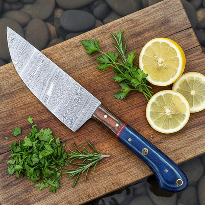 LEONA CRAFT® Custom Handmade Damascus Steel Chef Set Kitchen Knives with Leather Pouch 5 PCS Poplar Home Professional Knife Without Block Cool Blade Wood Handle Utensils Tops Tools Paring Knifes (011)
