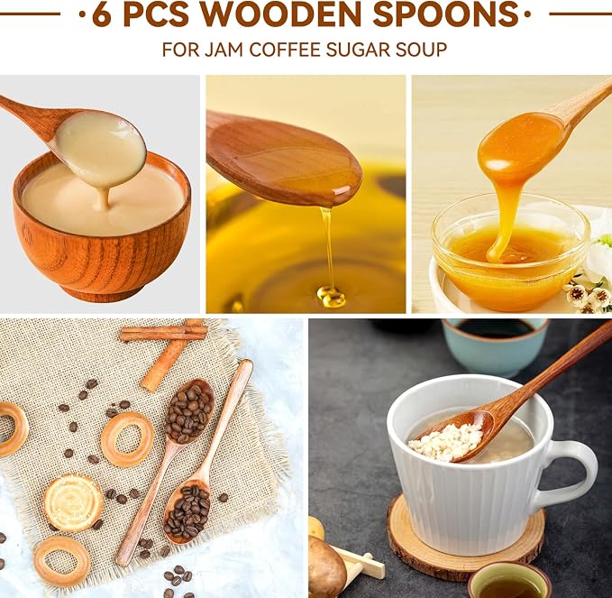 6 Pcs Wooden Spoons, 9 Inch Wood Soup Spoons for Cooking Mixing Eating,Oval Long Handle Spoon for Tea Jam Coffee Sugar Ice Cream and Bath Salts