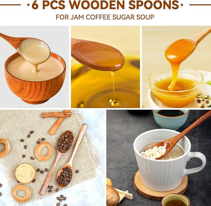6 Pcs Wooden Spoons, 9 Inch Wood Soup Spoons for Cooking Mixing Eating,Oval Long Handle Spoon for Tea Jam Coffee Sugar Ice Cream and Bath Salts