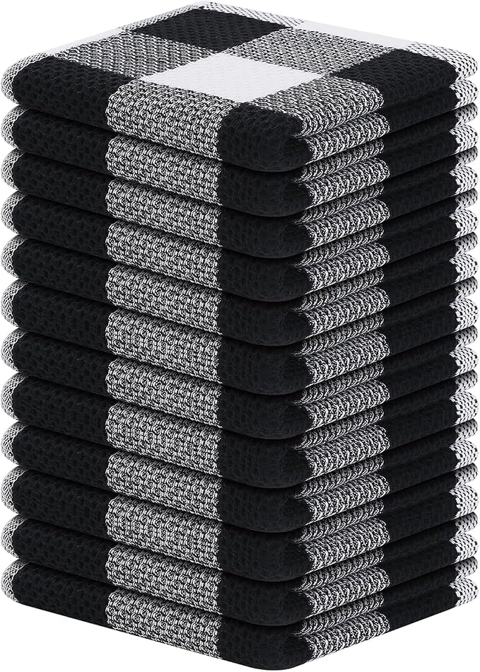 Homaxy 100% Cotton Waffle Weave Check Plaid Dish Cloths, 12 x 12 Inches, Super Soft and Absorbent Dish Towels Quick Drying Dish Rags, 12-Pack, White & Black