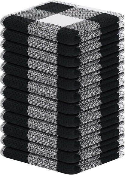 Homaxy 100% Cotton Waffle Weave Check Plaid Dish Cloths, 12 x 12 Inches, Super Soft and Absorbent Dish Towels Quick Drying Dish Rags, 12-Pack, White & Black