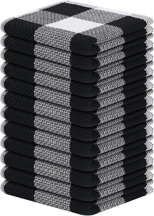 Homaxy 100% Cotton Waffle Weave Check Plaid Dish Cloths, 12 x 12 Inches, Super Soft and Absorbent Dish Towels Quick Drying Dish Rags, 12-Pack, White & Black