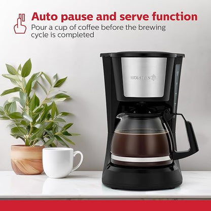 Holstein Housewares 5 Cup Drip Coffee Maker – Compact and User-Friendly with Auto Pause & Serve, Reusable Filter, Measuring Spoon & Glass Carafe, Office & Dorm Use, Black