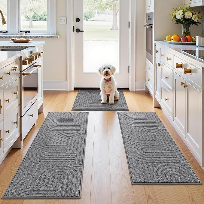 U'Artlines Kitchen Rugs and Mats Set of 3, Non Skid Washable Grey Geometric Kitchen Mats for Floor, Absorbent and Stain Resistant Floor Mat for Laundry, Sink Decor 20x32+20x48+20x59