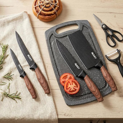Knife Set, 7 Pieces Kitchen knife Set with Healthy Anti-Rust Coating, Stainless Steel Professional Chef Knife Sets with Elegant Box, Kitchen Knives with Scissors & Peeler & Cutting Board for Cooking