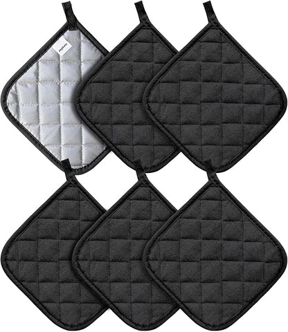 Joyhalo 6 Pack Pot Holders for Kitchen,Cotton Oven Holder with Great Heat Resistance,Non Slip Hot Pads for Kitchen Clearance,Black