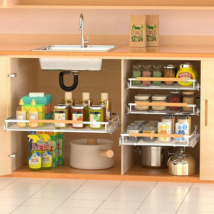 Expandable Pull Out Drawer Cabinet Organizers, Heavy Duty Slide Out Storage Shelf for Home Kitchen Pantry Cupboard Pots Pans, Adjustable Width from 12.1"~18.4", Stainless Steel 1 Pack