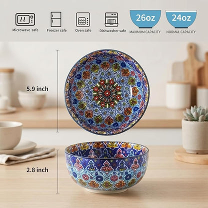 glowworm Cereal Bowls, 26 Oz Ceramic Soup Bowls Set of 4, Kitchen Bowls for Rice, Oatmeal, Fruit, Ice Cream, Dessert, Dishwasher & Microwave Safe, Bohemian