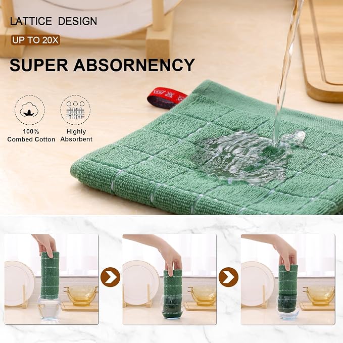 Mordimy 100% Cotton Terry Cloth Dish Cloths, Soft and Absorbent Checkered Dish Towels, Quick Drying Dish Rags for Washing Dishes, 6 Pack, 12 x 12 Inches, Grass Green
