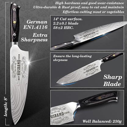 Funistree Gifts for Husband Men Him Anniversary Fathers Day, 8 inch Professional German 1.4116 Chef Knife, Engraved Best Husband Ever Knife Gift, Birthday Gifts for Men