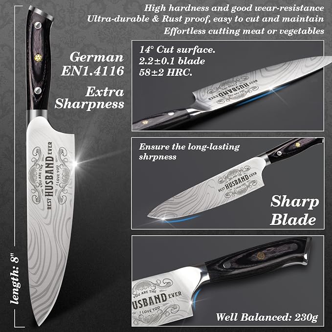 Funistree Gifts for Him Husband Men Anniversary Fathers Day, 8 inch Professional German Stainless Steel 1.4116 Chef Knife, Engraved Best Husband Ever Knife Gift, Birthday Gifts for Men Husband Him