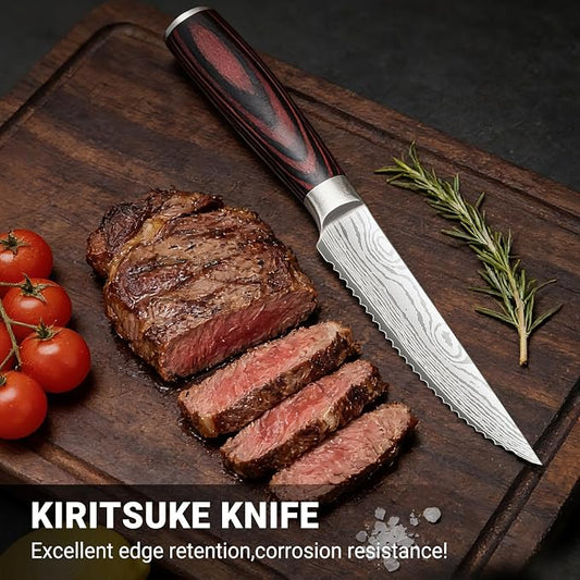 4.5 Inch Serrated Steak Knife - Ultra Sharp Serrated Knife Japanese High Carbon Steel Blade, Ergonomic Handle, Premium Kitchen Cutlery for Steak, BBQ & Outdoor Meals