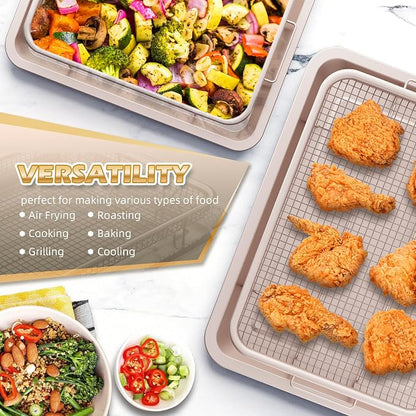 Air Fryer Basket for Oven, OPENICE 2 Set Oven Air Fryer Basket and Tray with 60 Pcs Parchment Papers, Air Fryer Pan Crisper Tray Set for Crisping, Frying - Golden