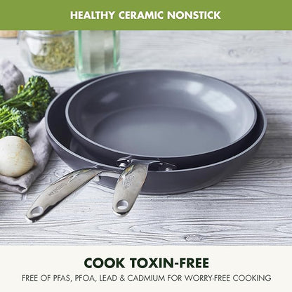 GreenPan Valencia Pro Ceramic Nonstick 10” & 12” Frying Pan Skillet Set, Hard Anodized PFAS-Free Cookware, Induction Ready, All Cooktops, Eggs & Omelets, Dishwasher & Oven Safe to 600F, Gray