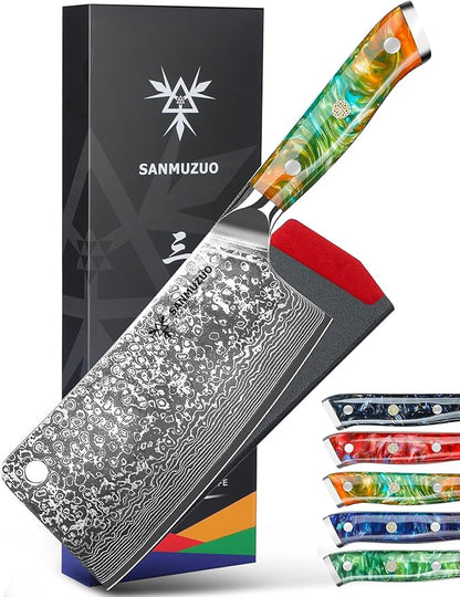 Chopping Knife - 7 inch Cleaver Knife- Xuan Series - VG10 Damascus Steel Kitchen Knife - Resin Handle (Fantasy Orange)