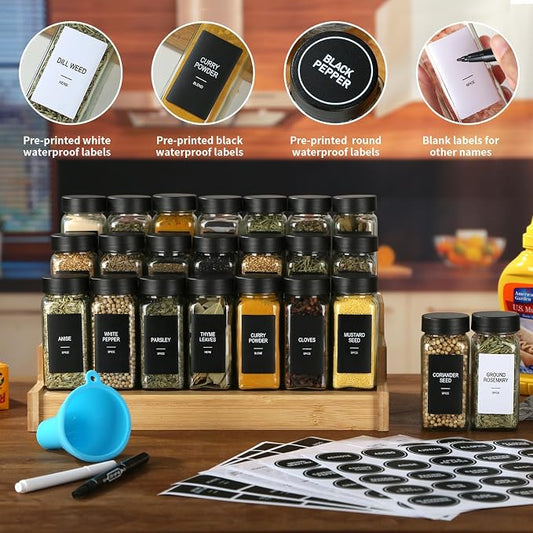 24 Glass Spice Jars with Labels, Spice Jar Set, 4oz Spice Containers, Seasoning Containers with Black Airtight Lids and Shaker Lids, Square Empty Spice Bottles, 492 Labels, 1 Funnel