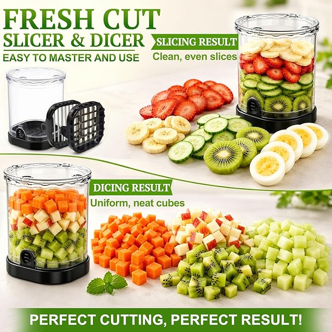Hendiy 2-in-1 Fruit Slicer Cup, Stainless Steel Strawberry Slicer Dicer with Lid & Push Plate, Portable Kitchen Fruit Cutter for Strawberry Banana Grape Egg Vegetable Salad Gadget