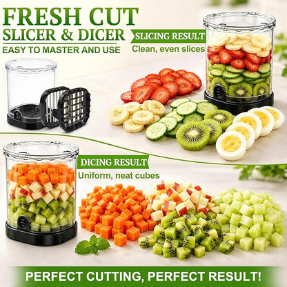 Hendiy 2-in-1 Fruit Slicer Cup, Stainless Steel Strawberry Slicer Dicer with Lid & Push Plate, Portable Kitchen Fruit Cutter for Strawberry Banana Grape Egg Vegetable Salad Gadget