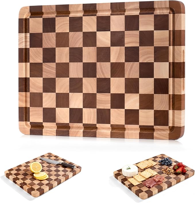 WILLKOMMEN Checkered Cutting Board for Kitchen– Wood Checkerboard End Grain Chopping Board 1" Thick Butcher Block with Juice Groove & Handle, Reversible for Cooking and Serving (Rectangular)