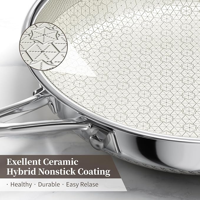 Non Stick Frying Pan with Lid, 12 Inch Ceramic Hybrid Tri-Ply Stainless Steel Frying Pans Nonstick W/Lid, Large Induction Skillet Frying Pans for Cooking, Metal Utensil&Dishwasher&Oven Safe, PFAS Free