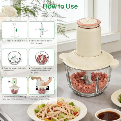 Food Processors 300W Electric Chicken Shredder Meat Grinder with Dual Blades and Full Copper Motor, 2L Food Chopper for Meat/Cooked Chicken Breast/Fish/Vegetable/Baby Food/Pet Food(Large) (2L)