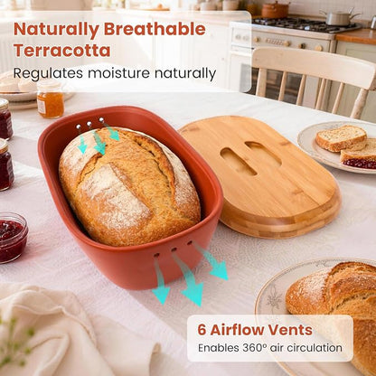 Terracotta Bread Saver Box with Gift Box, Internal 9.8"x5.1"x3.9" Small Bread Bin with Natural Bamboo Lid,Food-Safe Glazed Interior, for Small Artisan Sourdough, Housewarming & Wedding Gift